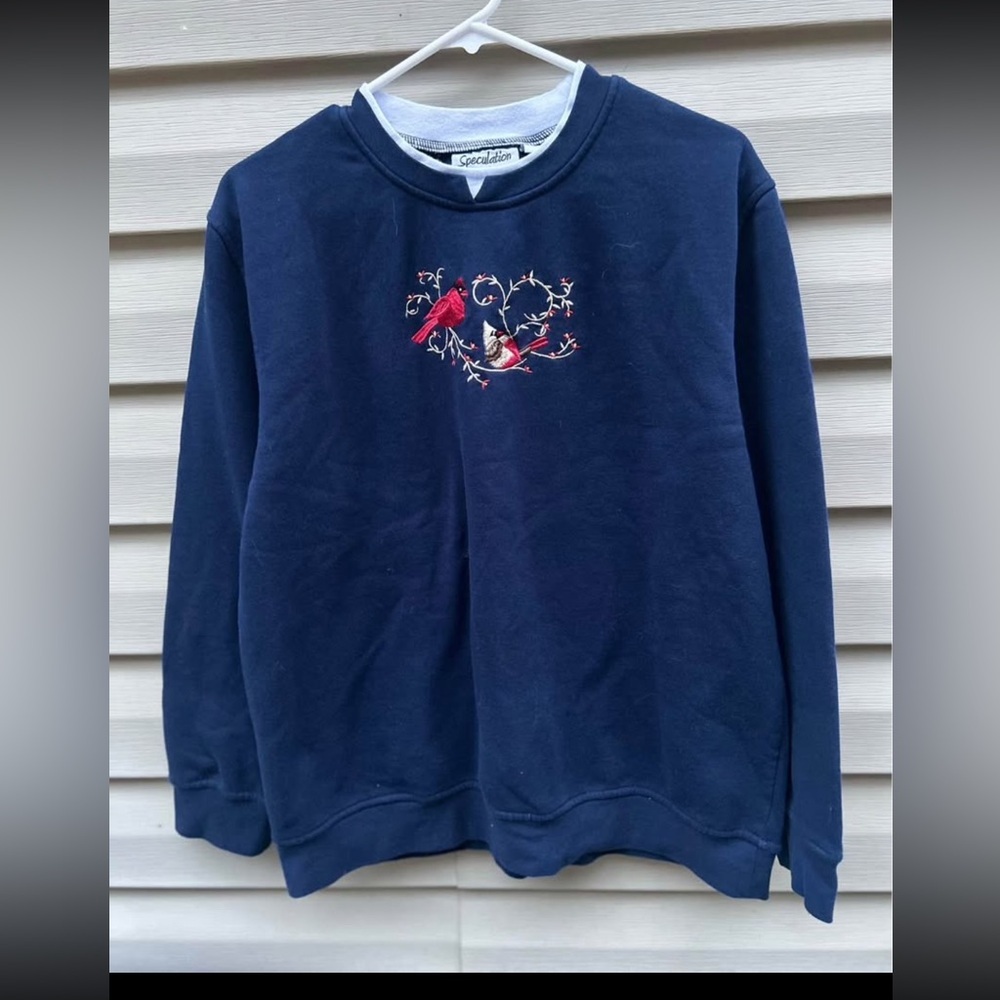 VTG Speculation size L navy blue bird grandma sweatshirt holiday Christmas
